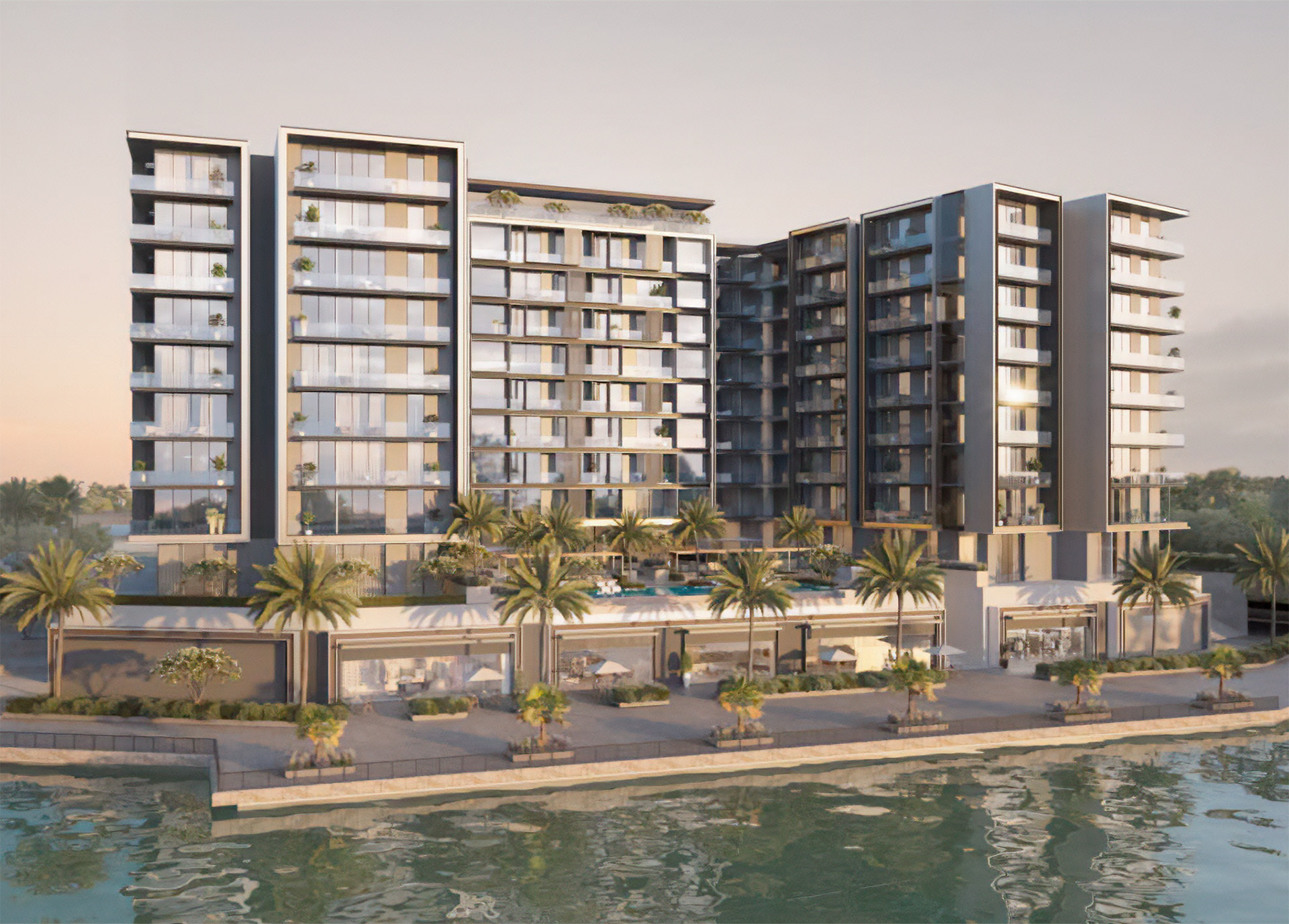 The Meriva Collection by Ellington, exterior render overlooking Dubai Islands waterfront
