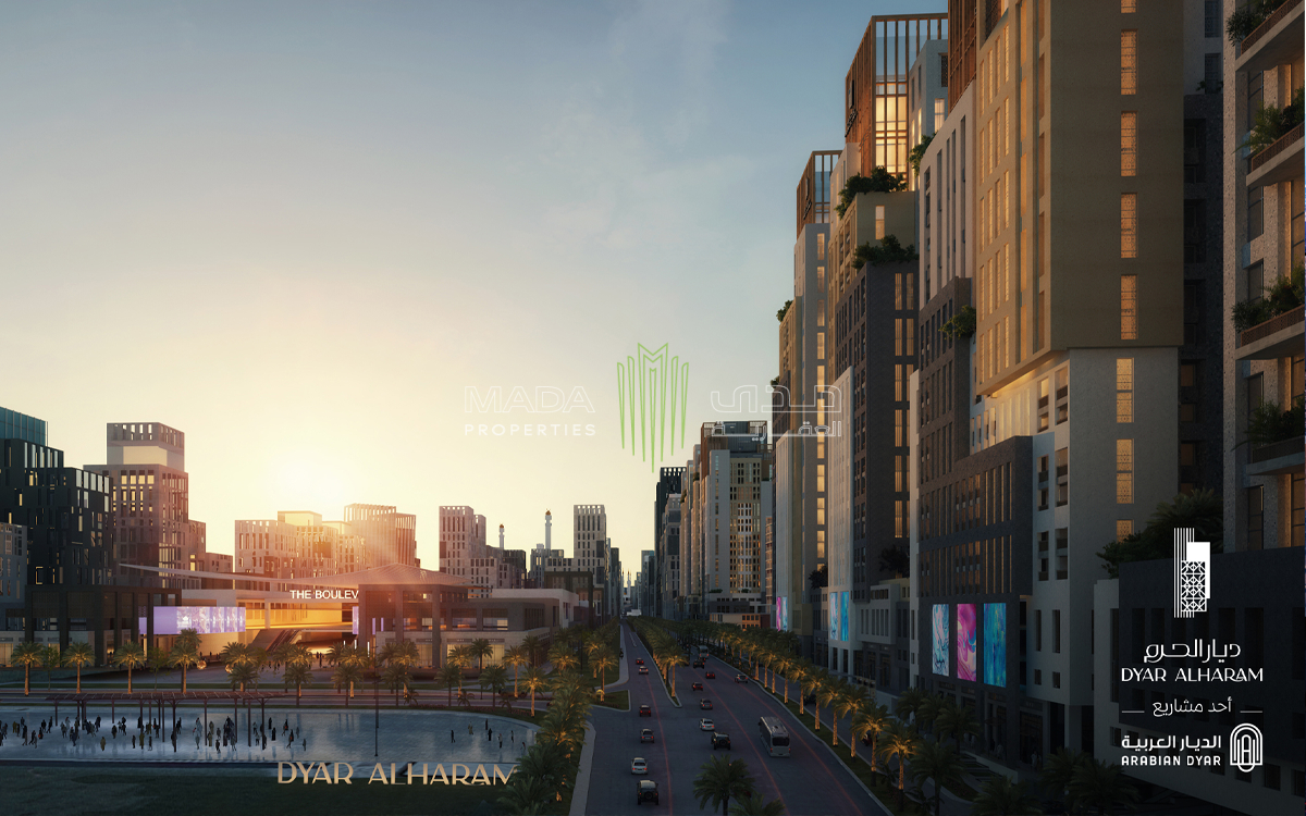 Dyar Al Haram — boulevard streetscape render, Masar Destination, Makkah