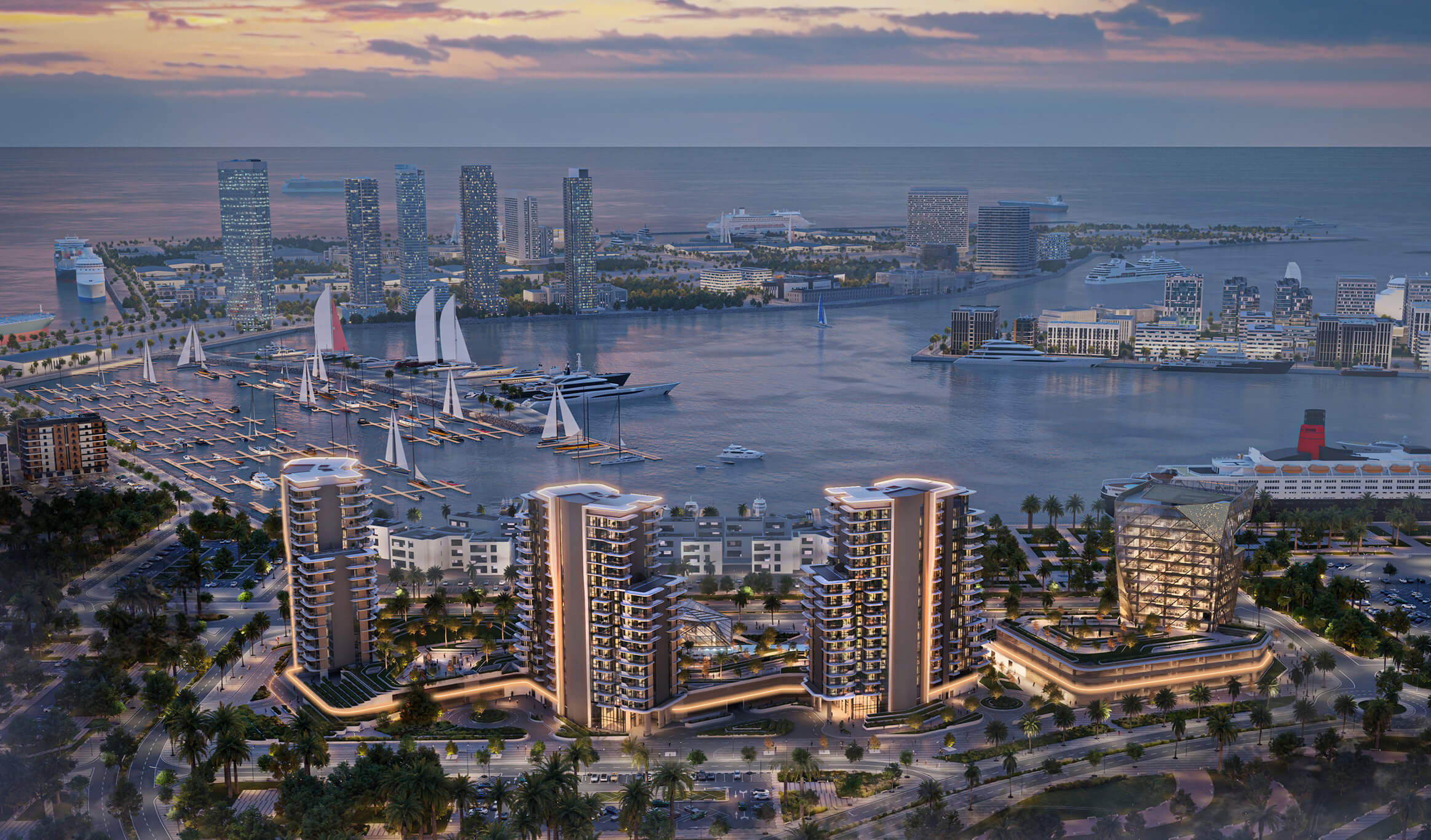 Portside Square by Ellington, aerial masterplan render over Mina Rashid marina and the Dubai skyline