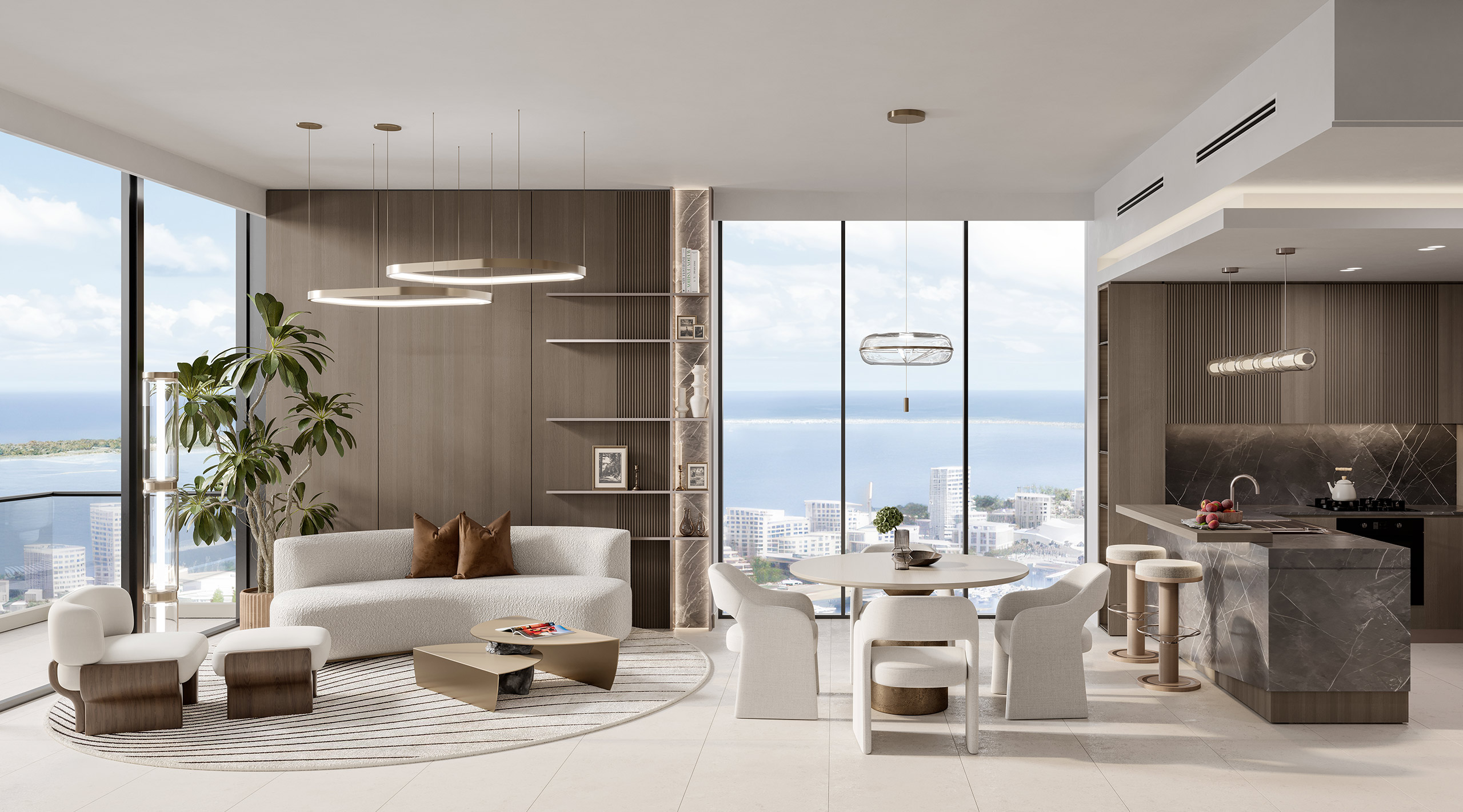 Azizi Venice, apartment interior render with contemporary finishes